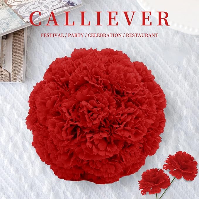 Silk Carnation Flower, 50 Artificial Flowers, Used for Wedding Decoration DIY Handmade Flowers, Carnation Flower Diameter 3.5 Inches and 6 Inches Stem (Red)