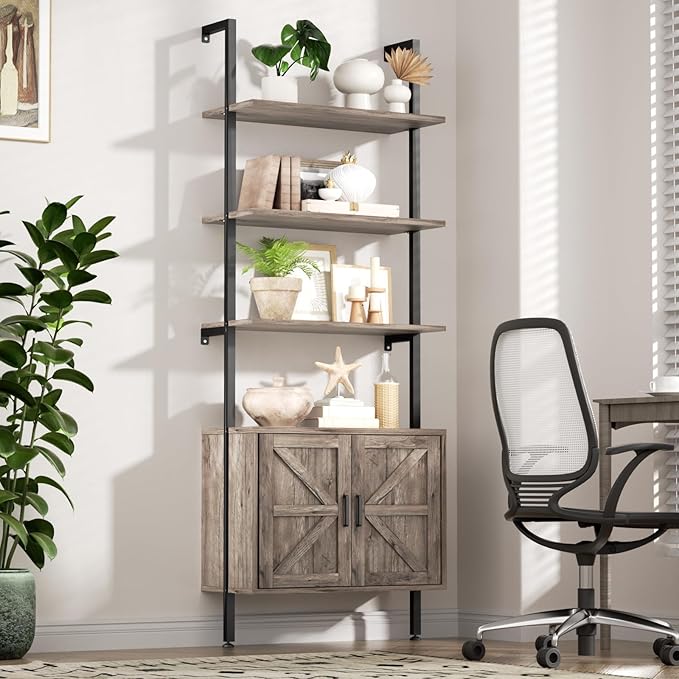 Ladder Bookshelf with Cabinet, 6 Tier Industrial Wall Mount Ladder Bookcase with Farmhouse Cabinet, Tall Narrow Open Ladder Shelf with Metal Frame for Living Room, Bathroom, Home Office, Rustic Grey