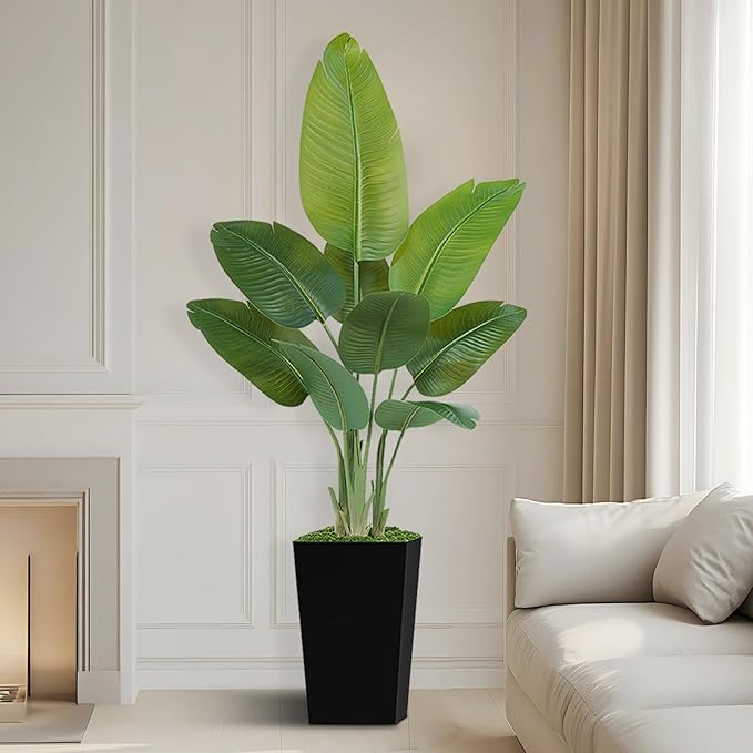 Lifelike Bird of Paradise Artificial Plant 5ft Faux Banana Leaf Tree with Black Tall Planter for Home Decor - Perfect Indoor Silk Floor Plant for Living Room, Office, and Bedroom Ambiance Enhancement