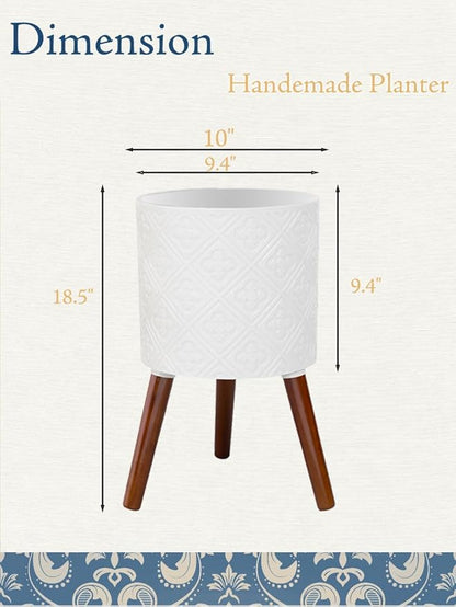 12 Inch Planter with Stand, Planter for Indoor Plants, Modern Large Flower Planter Pot with Drainage Holes for Outdoor,Matte White