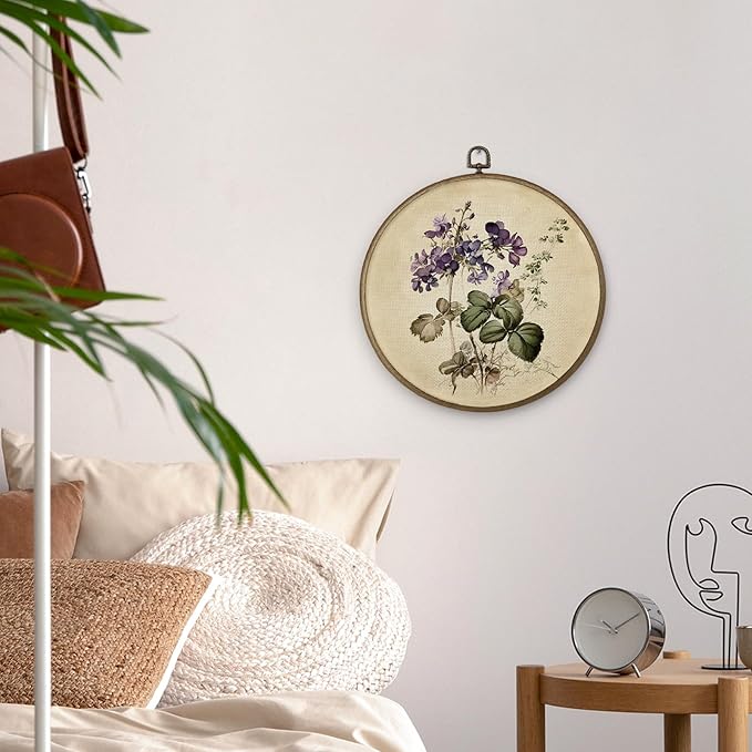 MAQIKA Vintage Purple Wildflower Framed Wall Art Decor, Botanical Wall Art, Plant Round Wall Hanging Decor, Farmhouse Flower Canvas Prints Wall Art for Bathroom Kitchen Living Room, 10x10 Inch
