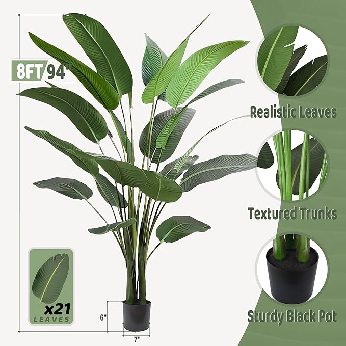 Artificial Bird of Paradise Tree 8FT with 21 Leaves Realistic Thick Banana Leaf Tall Large Faux Tropical Plant 94 Inch Black Pot for Indoor Home Office Poolside Porch Mall Hotel School Decor