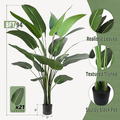 Artificial Bird of Paradise Tree 8FT with 21 Leaves Realistic Thick Banana Leaf Tall Large Faux Tropical Plant 94 Inch Black Pot for Indoor Home Office Poolside Porch Mall Hotel School Decor
