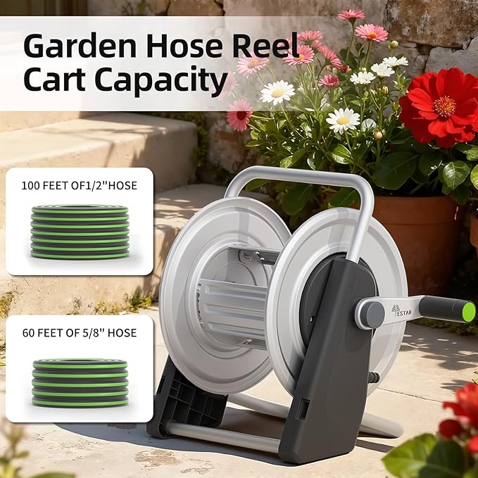 Metal Garden Hose Reel Cart,Hose Holder Up to 50-80 Feet of 5/8" Hose,Wall Mounted Water Hose Reel,Portable Hose Reels for Outside Car Washing, Watering