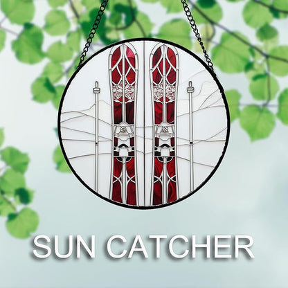 Stained Glass Window Hanging 4 Pcs Set Winter Skiing Red Christmas House Large 15" - Suncatcher Door Garden Sun Catcher Decor Birthday Mother's Day for Mom Woman Nana Friend