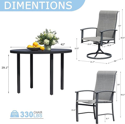 5 Piece Outdoor Dining Set, 42" Black Round Outdoor Dining Table with 2 Grey Swivel Outdoor Dining Chairs and 2 Fixed Patio Table and Chair Set of 4 for Lawn, Garden, or Porch