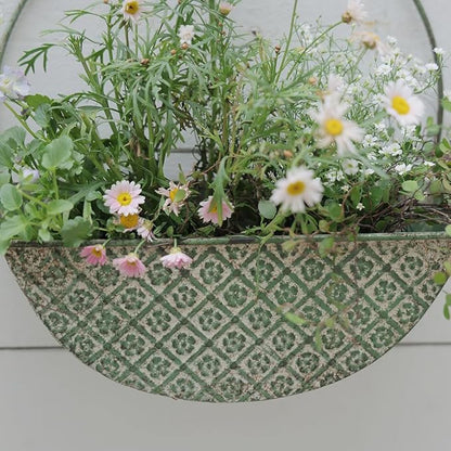 2-Piece Green Metal Planter Wall Hanging Baskets Decor Half-Moon Wall Mount Planter Set for Shabby Chic Farmhouse Outdoor Indoor Wall Decor