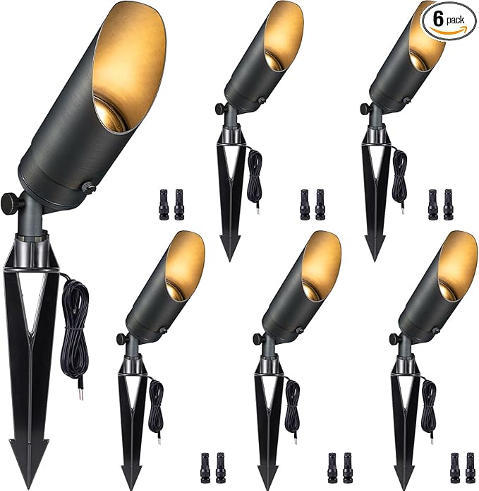 Gardenreet 12V Spot Lights Solid Brass - Outdoor Low Voltage Landscape Spotlight, Wired LED Uplights Waterproof, Stretchable Shroud Bronze for Patio Wall with 5000K Daylight MR16 Bulb (6 Pack)
