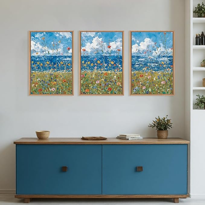 Large Blue Seaside Wildflower Framed Canvas Wall Art,Modern Nature Ocean Wall Decor,Rustic Sky Printing,White Cloud Landscape Artwork for Living Room,Bedroom,Dining Room-16"x24"x3