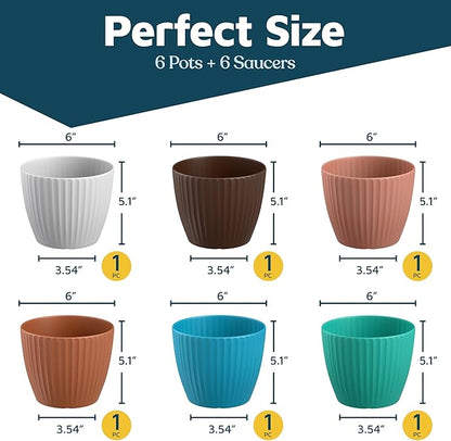Multicolor 6-Inch Plant Pots with Drainage & Saucers 6 Pack, Indoor & Outdoor Planters for Houseplants, Herbs, and Flowers, Durable & Weatherproof Material, Stackable, Lightweight, Minimalist Design