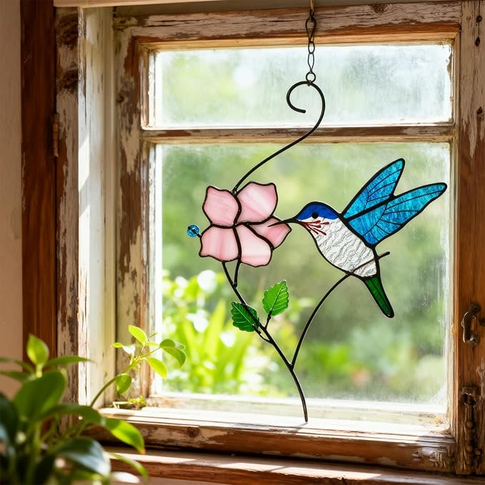 Stained Glass Window Hanging, Handcrafted Hummingbird with Flower Stained Glass Suncatcher for Home Indoor Window Art Decor,Hummingbird Gifts for Women,Mom,Bird Lovers