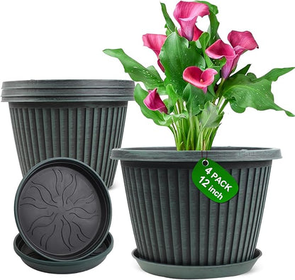 Large-Planter-Indoor-Outdoor Plant Pots, 12 inch 4 Pack Plastic Flower Pots with Saucer And Drainage Holes, Modern Garden Planters For Planting Medium Large Plants， Decorative Resin Garden Pots