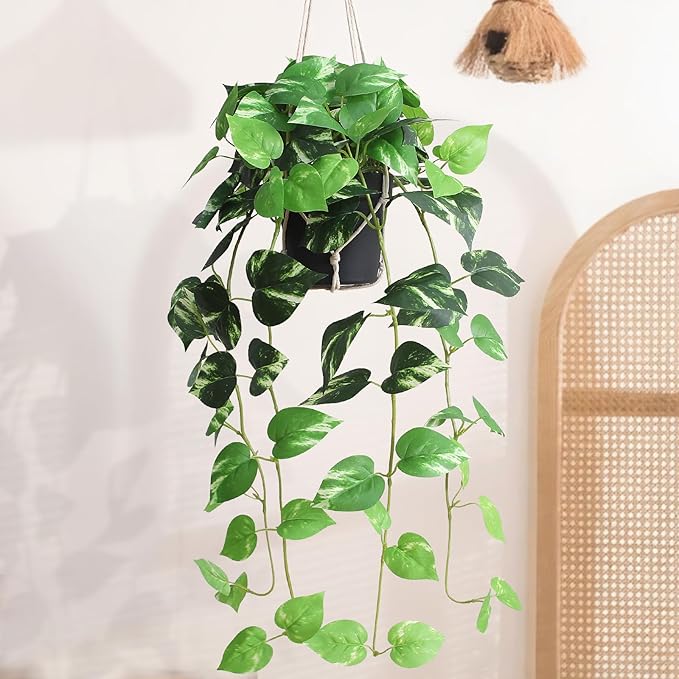 alyptus UV Resistant Fake Pothos Hanging Plants - Realistic Faux Pothos Vines for Indoor & Outdoor Décor, Lush Greenery for Shelves, Counters, Entry Tables - Golden Green