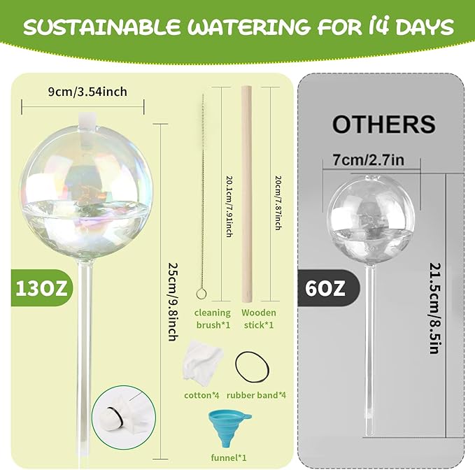13oz Up to 2 Weeks Large Plant Watering Globes - Self Watering Bulbs and Planter Insert for Indoor & Outdoor Plants, Glass Water Globes Automatic While Away (4 Pack)