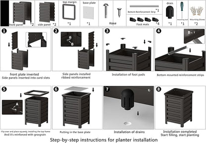 Aluminum Outdoor Planter - 19.68" Tall Planter Box for Patio Porch Indoor or Outdoor Durable Weather-Resistant Large Planters for Flowers with Drainage Hole, Dark Brown, 19.68"D x 19.68"W x 27.56"H