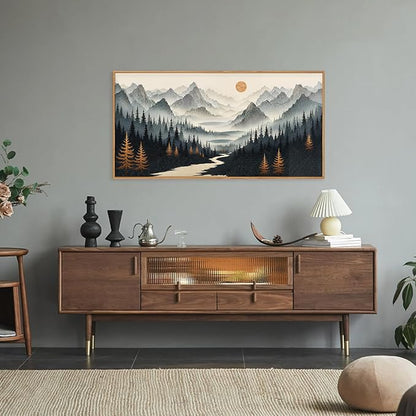 Ausril Watercolor Misty Forest Framed Canvas Wall Art Set, Foggy Mountain Wall Decor, Misty Pine Tree Wall Painting, Large Nature Landscape Art Prints for Living Room, Bedroom, Office - 20"X40"