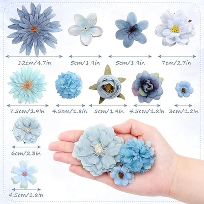 80 Pcs Assorted Fake Flower Heads Mini Artificial Flower Heads Bulk Silk Faux Daisy for Crafts Fake Peony Rose for Wedding Party Wreath Home Decoration(Blue)