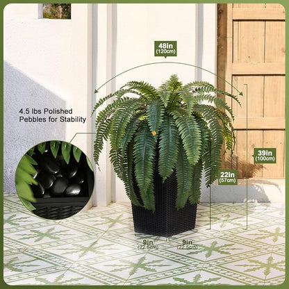 48" Boston Ferns Artificial Outdoor Plants - 39 Fronds UV Resistant Faux Greenery with Taper Planter- Realistic Fake Bushes Front Porch Decor for Garden, Patio, Indoors - Set of 1, VN153