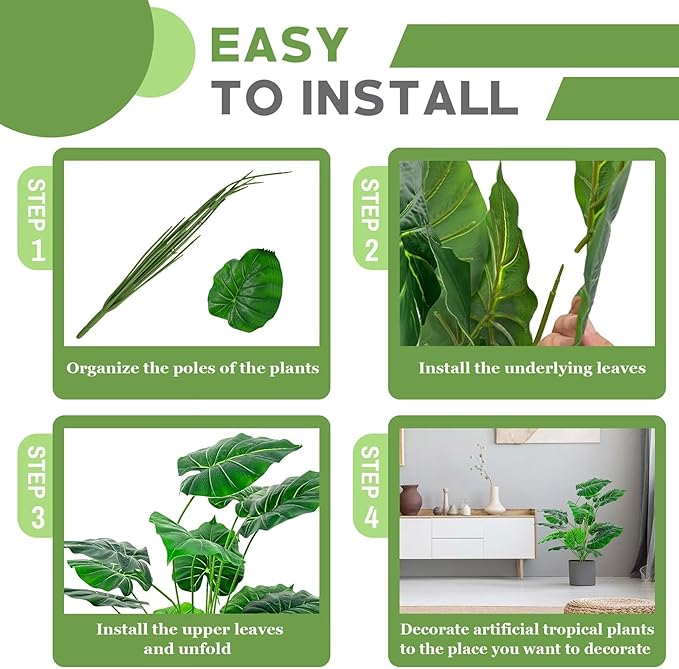Artificial Faux Alocasia Tree Leave Plants - 2PCS 28'' Tall Fake Alocasia Leaf Plant Indoor Outdoor, Large Faux Floor Plant for Living Room Bathroom Bedroom Plants Decor, Farmhouse Home House Decor