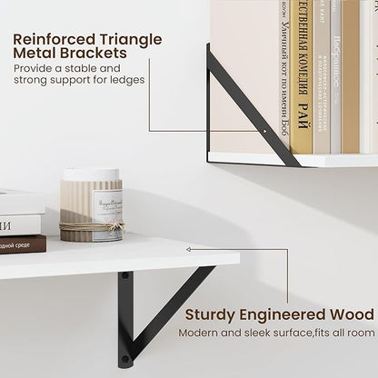 Fun Memories Deep Floating Shelves for Wall, 16W x 8D Wall Mounted Shelves Set of 2, Wide Display Ledge Shelf with Sturdy Metal Brackets for Living Room, Bathroom, Bedroom and Kitchen, White