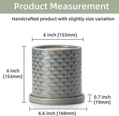 6 Inch Plant Pot: Ceramic Planter with Drainage Hole & Saucer Indoor Outdoor Plants - Cylinder Round Flower Pot for Home Office - Modern Decorative - Small Grey