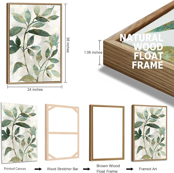 Large Framed Canvas Wall Art - Natural Float Framed Rustic Green Flowers Leaves Pictures Paintings White Grey Artwork Decor for Bedroom Living Room Kitchen Home Office Decoration 72" X 36" Set of 3