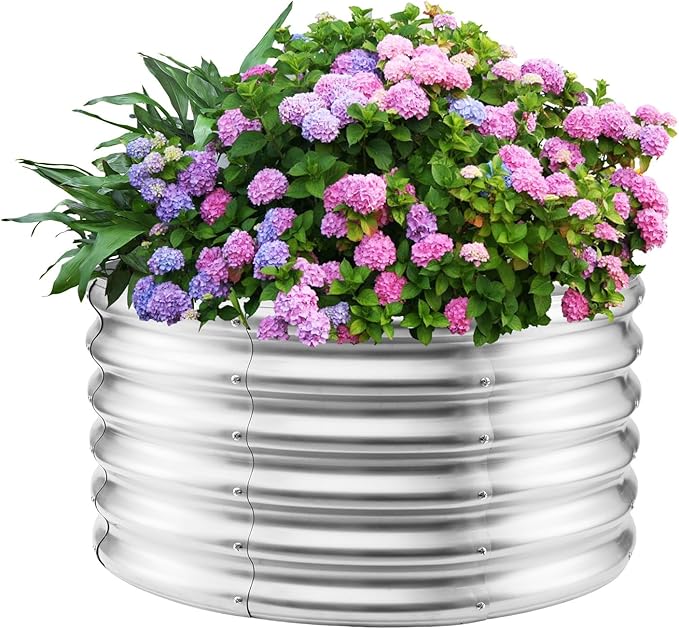 17" Tall Round Outdoor Garden Raised Garden Bed Kits-0.8MM Thick Metal Raised Planter Bed/Ground Planter Box for Variety of Flowers,Herbs,Vegetables,Trees (Silver, 32 Dia X 16.5 inches)