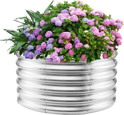 17" Tall Round Outdoor Garden Raised Garden Bed Kits-0.8MM Thick Metal Raised Planter Bed/Ground Planter Box for Variety of Flowers,Herbs,Vegetables,Trees (Silver, 32 Dia X 16.5 inches)