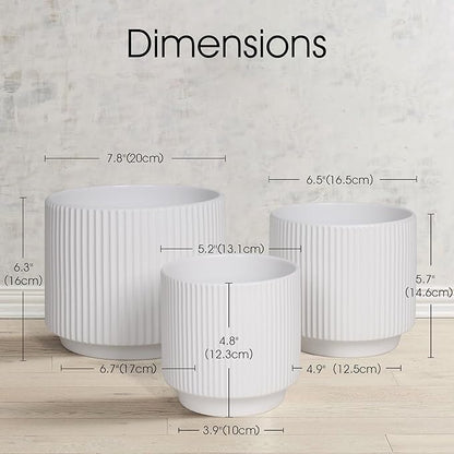 Oakrain Plant Pots Set of 3 with Vertical Stripes 7.8/6.5/5.2 inch, Modern Decorative Planters for Indoor Outdoor Plants, Garden Flower Pot with Drainage Holes, Ceramic White