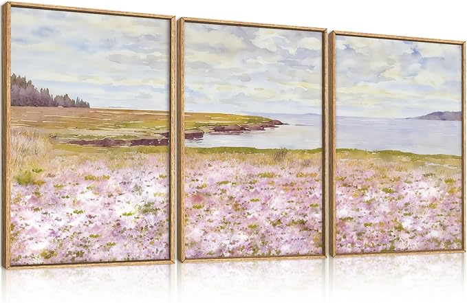 HOURIA Watercolor Pink Floral Coastal Landscape Framed Canvas Wall Art Set,Nature Inspired Wildflower & Meadow Cottage Field Wall Decor,Modern Seaside Beach Artwork for Living Room,Farmhouse-24"x36"x3
