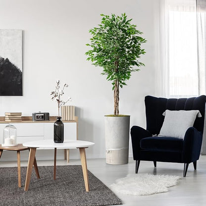 Artificial Tree in Gray Tan Watercolor Abstract Planter, Fake Ficus Silk Tree for Indoor and Outdoor Home Decoration - 75" Overall Tall (Plant Pot Plus Tree)