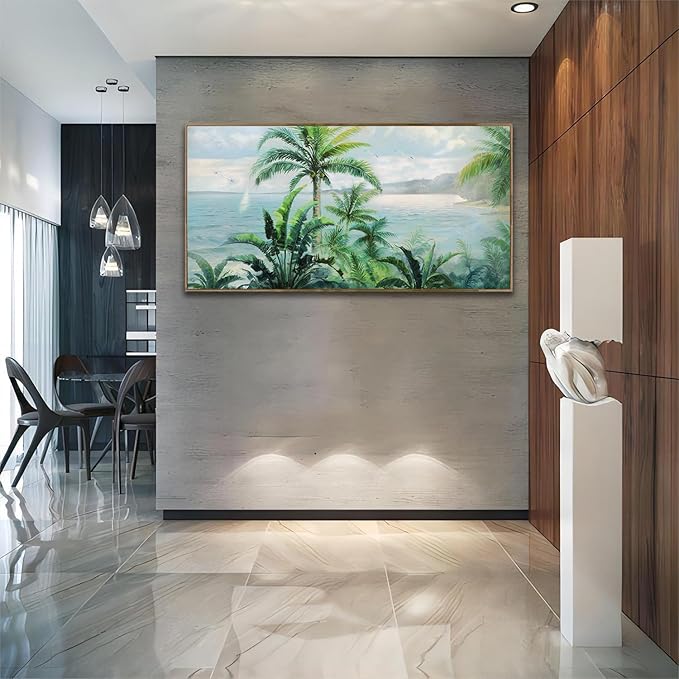 Anolyfi Framed Wall Art Palm Tree Picture Tropical Wall Decor for Living Room, Large Canvas Wall Art Painting Nature Seascape Artwork for Bedroom Kitchen Hallway Office Home Decor, 58"x29"
