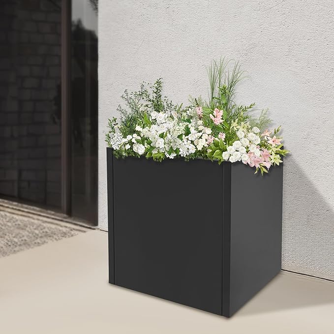 DYNAMI Square Planter Box Black Steel Planter,17x17x18in Metal Planter Box Large Cube Plant Pot for Outdoor Plants,Modern Heavy Duty Flower Pot for Patio, Deck, Yard, Garden