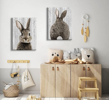 BLINFEIRU Bunny Decor Nursery Wall Art Prints, Brown Lovely Rabbit Pictures for Baby Kids Room Wall Decoration, Cute Easter Animal Canvas Artwork, Framed Ready to Hang 12"x16"x2