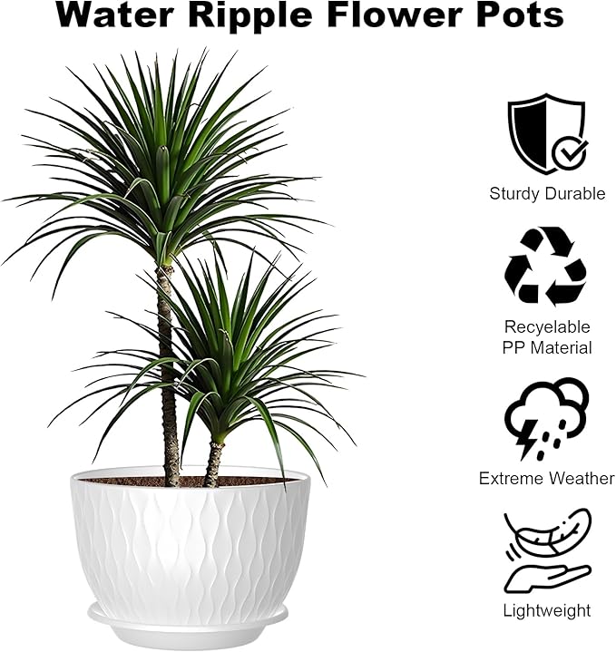 12 inch Large Plant Pots, Flower Pots with Multi-Mesh Drainage Holes and Saucer, Plastic Planters for Indoor and Outdoor Garden Plants (White, 12")