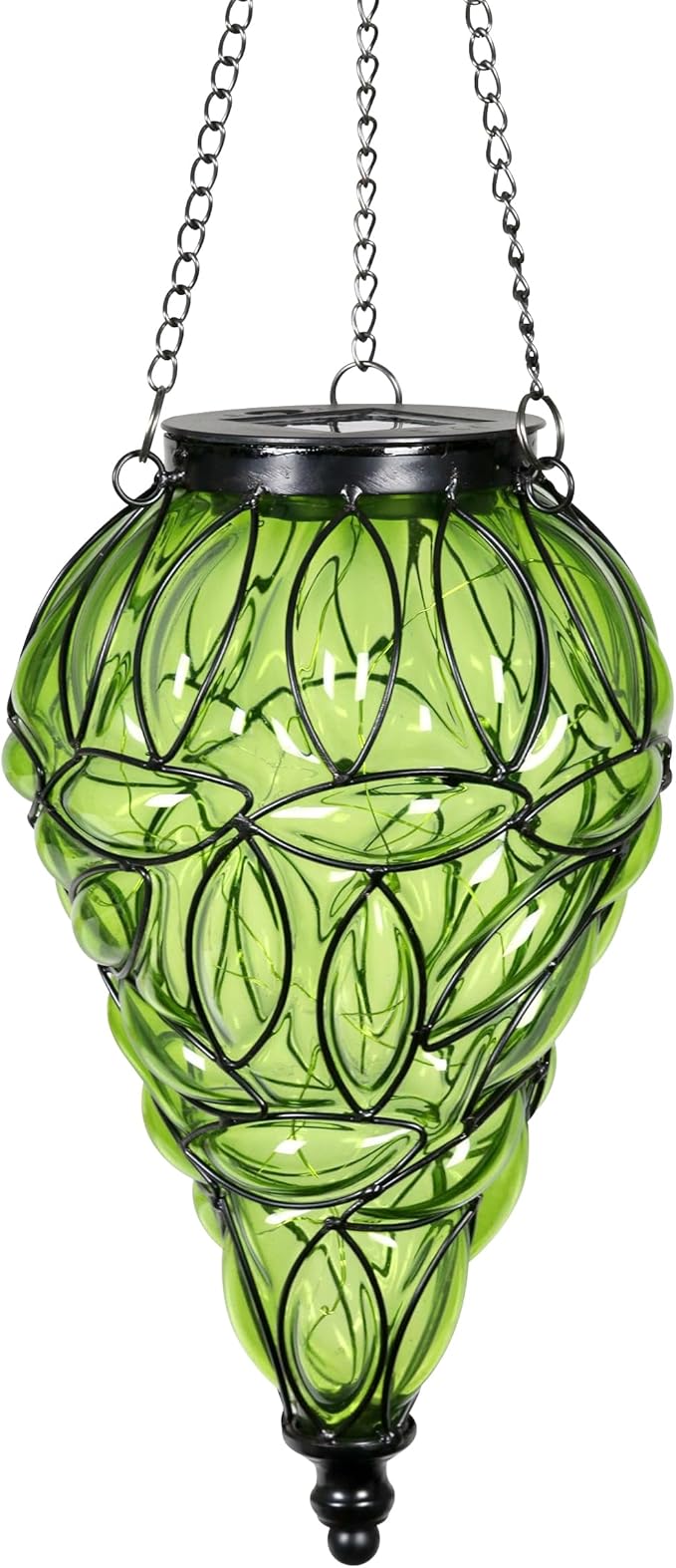 Solar Hanging Lantern Outdoor Garden Lights, Tear-Shaped Glass and Metal Hanging Lantern, 15 Firefly LED Lights, 7 x 24 Inch,(Green)
