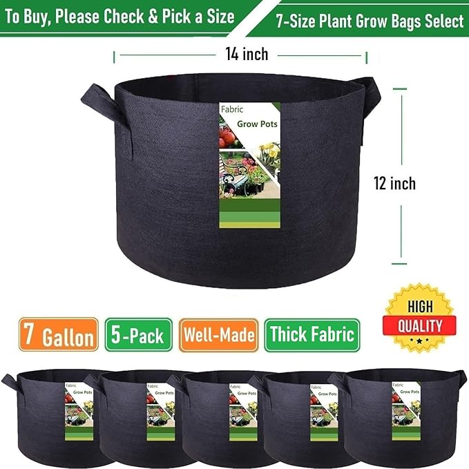 5-Pack 7 Gallon Thickened Plant Grow Bags (14x12 inch) Fabric Plant Pots for Tomato,Potato Planter Bags,Herbs Veggies Planters,Flower Pot,Garden Pot,Barrel Planter,Plant Container W/ Gardening Gloves