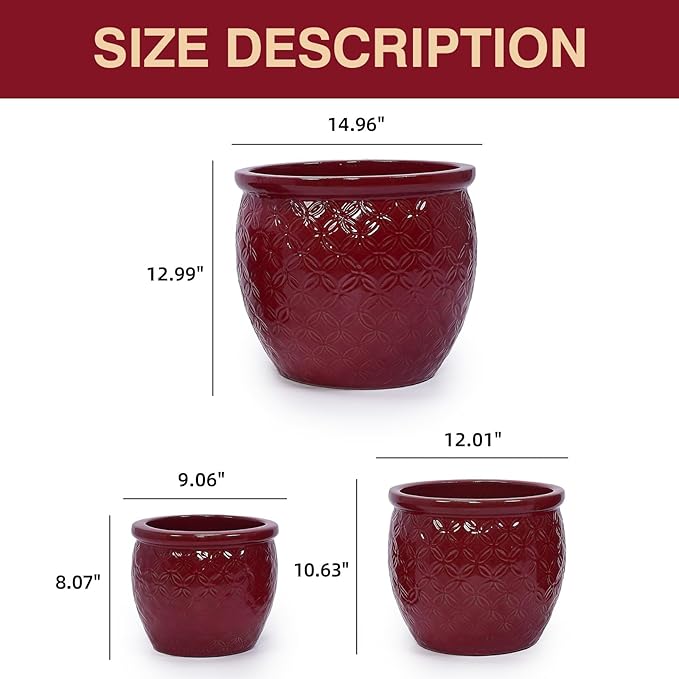 Tiered 3-Piece Ceramic Planter Set (9, 12, 15 Inch) with Drainage Holes & Saucers for Indoor Outdoor Plants, Modern Garden Pots for Succulents, Herbs, Flowers on Patio, Balcony, Windowsill - Red (Red)