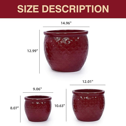 Tiered 3-Piece Ceramic Planter Set (9, 12, 15 Inch) with Drainage Holes & Saucers for Indoor Outdoor Plants, Modern Garden Pots for Succulents, Herbs, Flowers on Patio, Balcony, Windowsill - Red (Red)