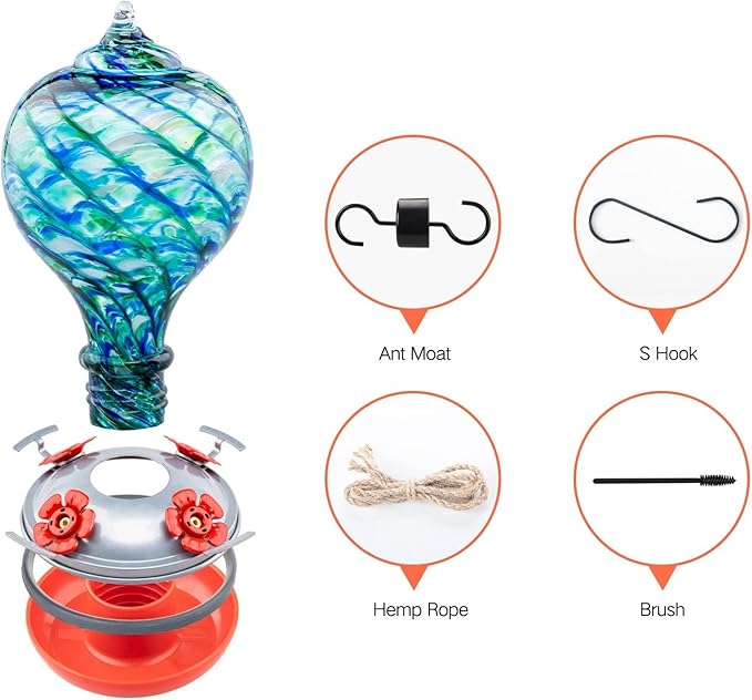 Muse Garden Hummingbird Feeder Hand Blown Glass Decor for Backyard, Gift for Hummingbird Lovers, Unique Gardening Gift (Blue Mermaid) 32OZ