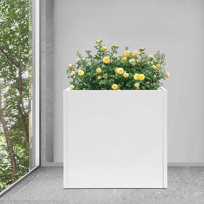 DYNAMI Square Planter Box with Removable Partition,26x26x26in Steel Metal Planters Large Cube Plant Pot for Outdoors,Modern Heavy Duty Flower Pot for Patio, Deck, Yard, Garden (White, 26inch)