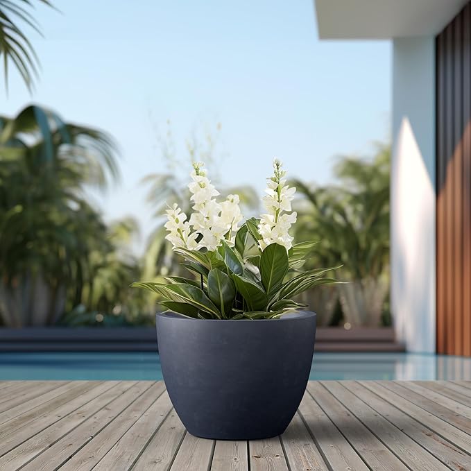 Kante 17.3 Inch Round Concrete Planter - Classic Large Indoor/Outdoor Plant Pot with Drainage Hole and Rubber Plug, Suitable for Gardens and Patios, Charcoal