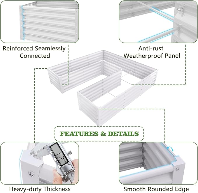 A ANLEOLIFE U-Shaped Outdoor Galvanized Raised Garden Bed, 6x6x1.5ft, Center-Access Bottomless Planter Box, 22-Gauge Corrugated Metal, Reinforced Bracing Rods, Antique White