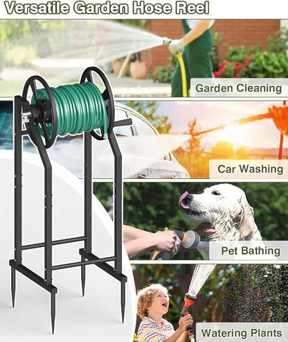 4-Spike Garden Hose Reel with 3.9ft Leader Hose & Stainless Fitting, Outdoor Hose Holder holds 125ft Hose of 5/8", Freestanding Metal Hose Stand for Outside Yard Lawn, Black