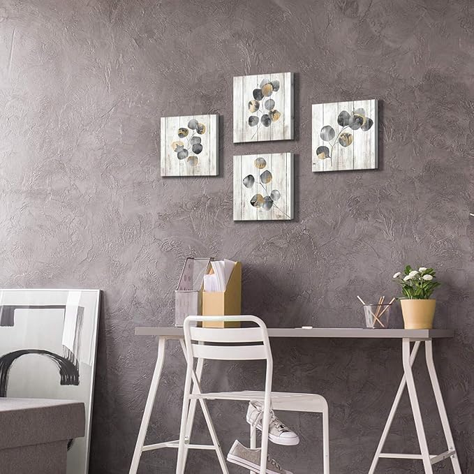 ARTISTIC PATH Leaf Artwork Botanical Canvas Print: Gray Leaves Painting Wall Art for Bathroom (12" W x 12" H x 4 PCS,Multi-Sized)