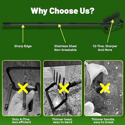 2 in 1 Hoe Garden Tool, 12 Tines Cultivators for Gardening, Weed Puller Tool with 76" Long Handle for Gardening, Weeding, Seeding, Ditching, Loosening