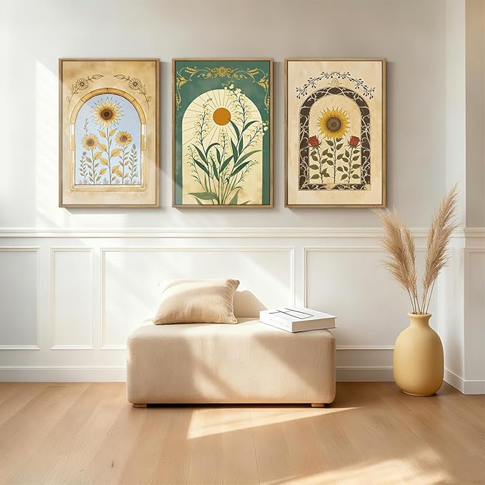 ANHUIB Vintage Boho Spiritual Wall Decor 16x24 Inch Botanical Wall Art Earthy Sunflower Illustration Set of 3 for Living Room Bedroom Office