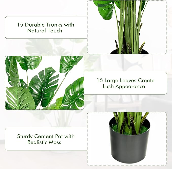 Goplus Artificial Monstera Deliciosa Plant, 5ft Tall Fake Tropical Palm Tree w/15 Pcs Different Turtle Leaves, Cement-Filled Plastic Pot, Faux Swiss Cheese Plant for Floor Home Office Decor, 2- Pack