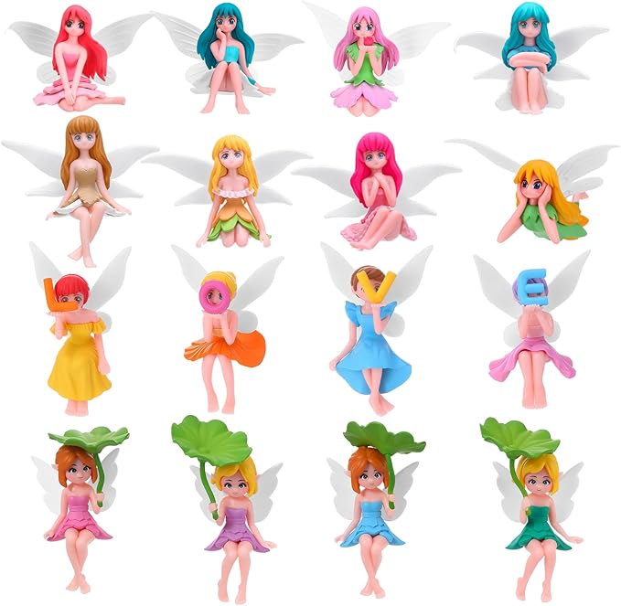 16 Pcs Miniature Fairy Figurines, Hand-Painted Small Flower Fairies with Wings for Garden Decor, Cake Topper & Landscapes