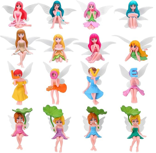 16 Pcs Miniature Fairy Figurines, Hand-Painted Small Flower Fairies with Wings for Garden Decor, Cake Topper & Landscapes